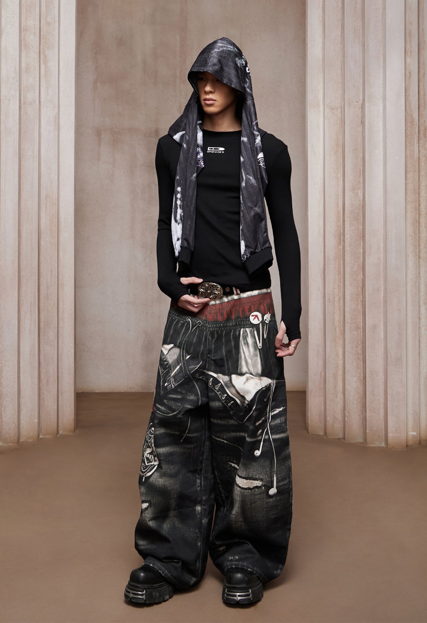 Trompe-l’œil Sports-Layered Printed Baggy Jeans