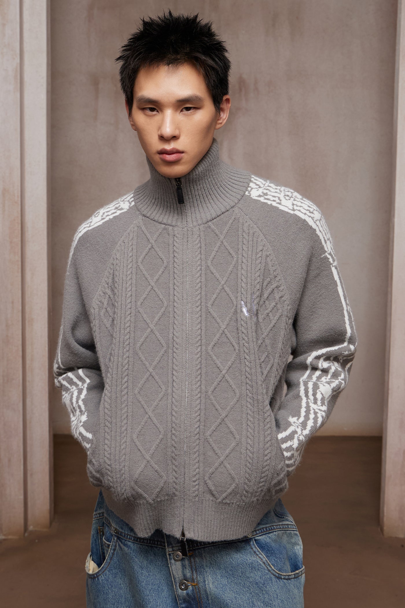 Riff Aran Cable Knit High-Neck Zip-Up Jacket