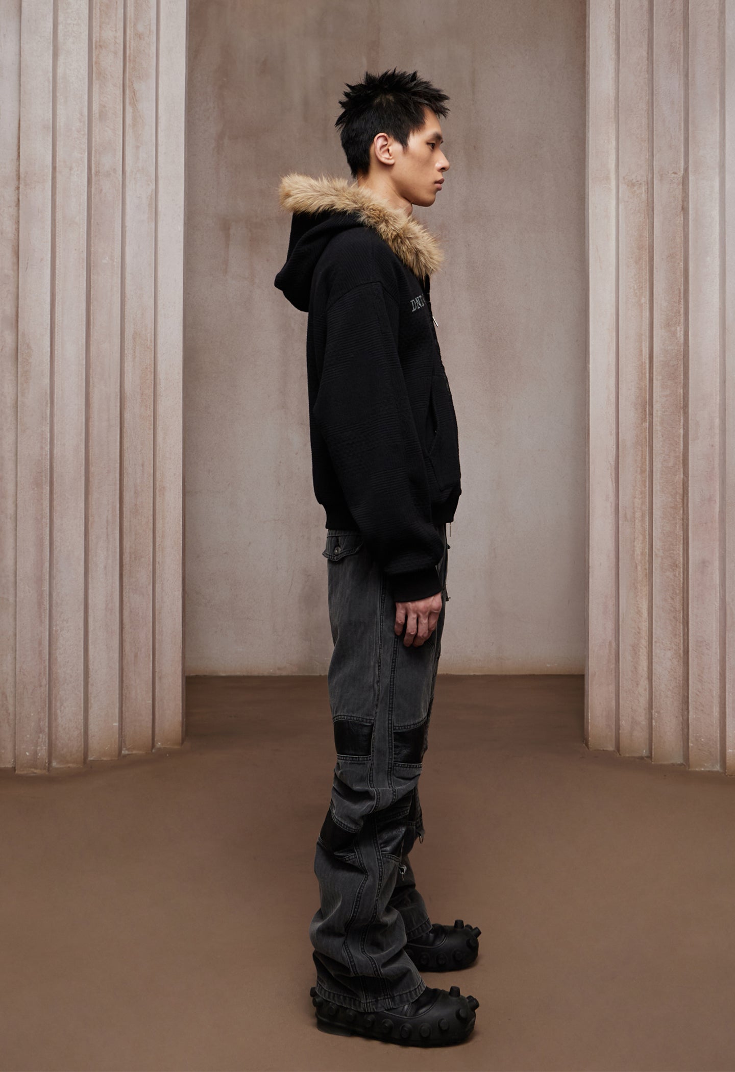 Heavy Washed Leather-Panel Utility Cargo Jeans