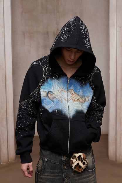 Dreamcore Rhinestone Heart Hands Waffle Zip-Up Hoodie Jacket