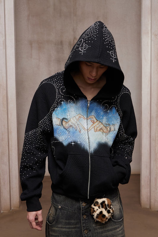 Dreamcore Rhinestone Heart Hands Waffle Zip-Up Hoodie Jacket