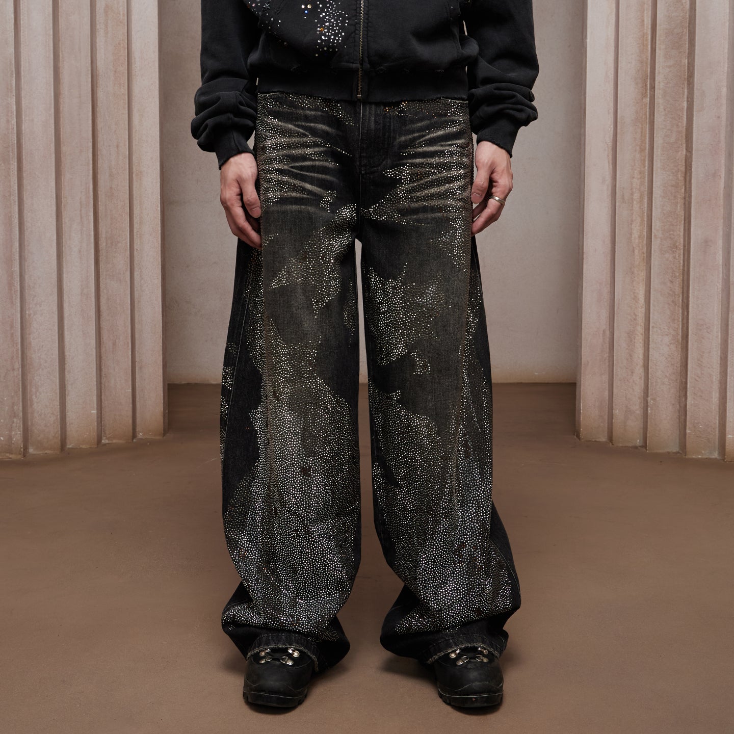 28K Crystal-Studded Dual-Wash A-Line Denim(mud)