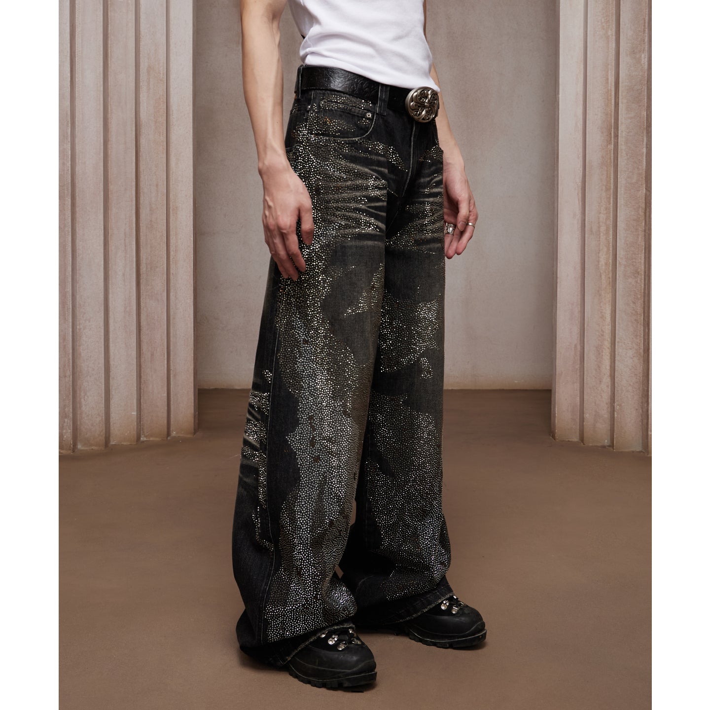 28K Crystal-Studded Dual-Wash A-Line Denim(mud)