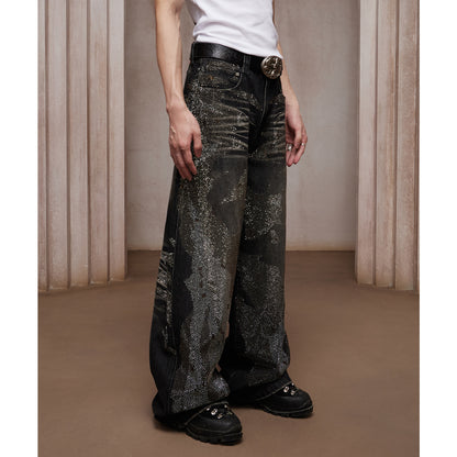 28K Crystal-Studded Dual-Wash A-Line Denim(mud)