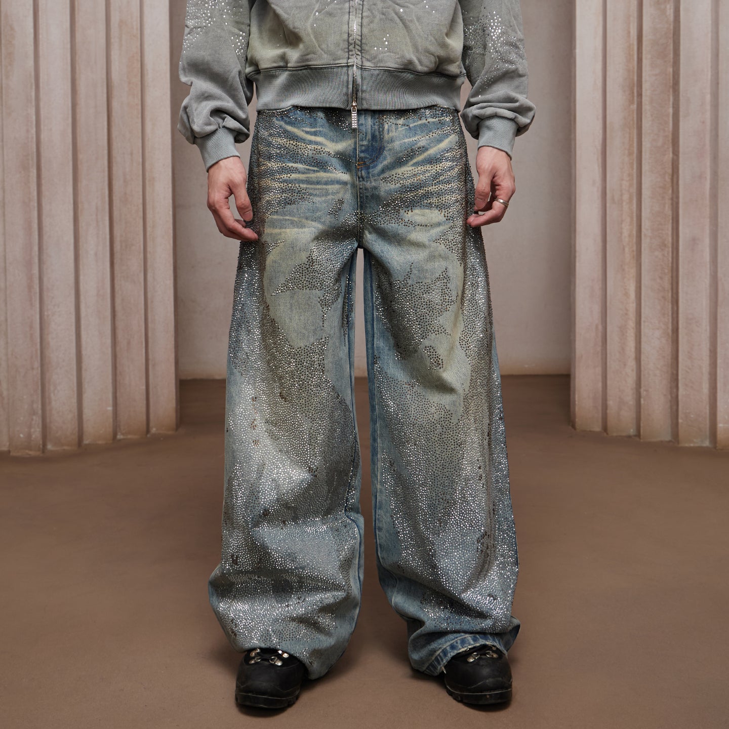 28K Crystal-Studded Dual-Wash A-Line Denim(mud)