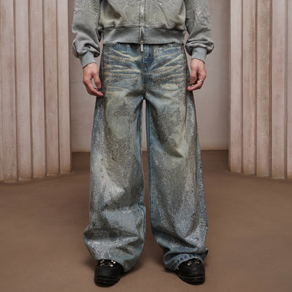 28K Crystal-Studded Dual-Wash A-Line Denim(mud)