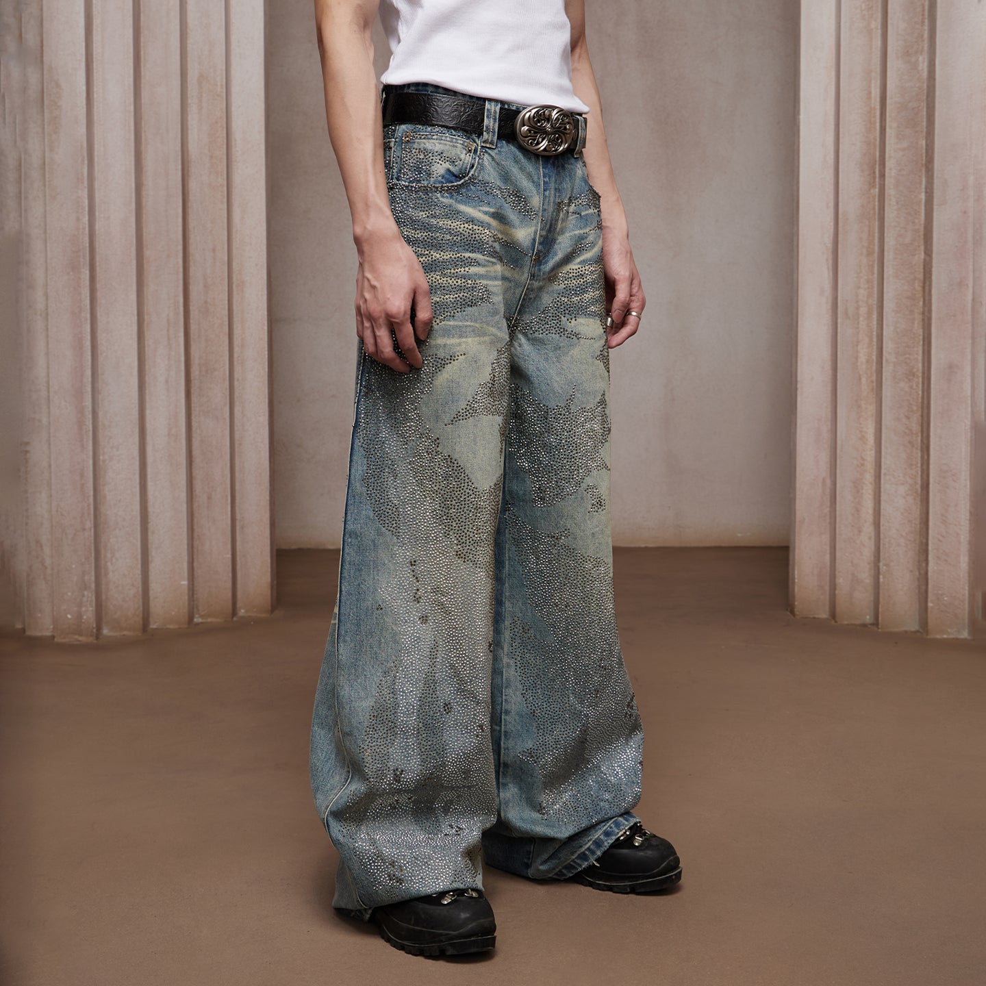 28K Crystal-Studded Dual-Wash A-Line Denim(mud)