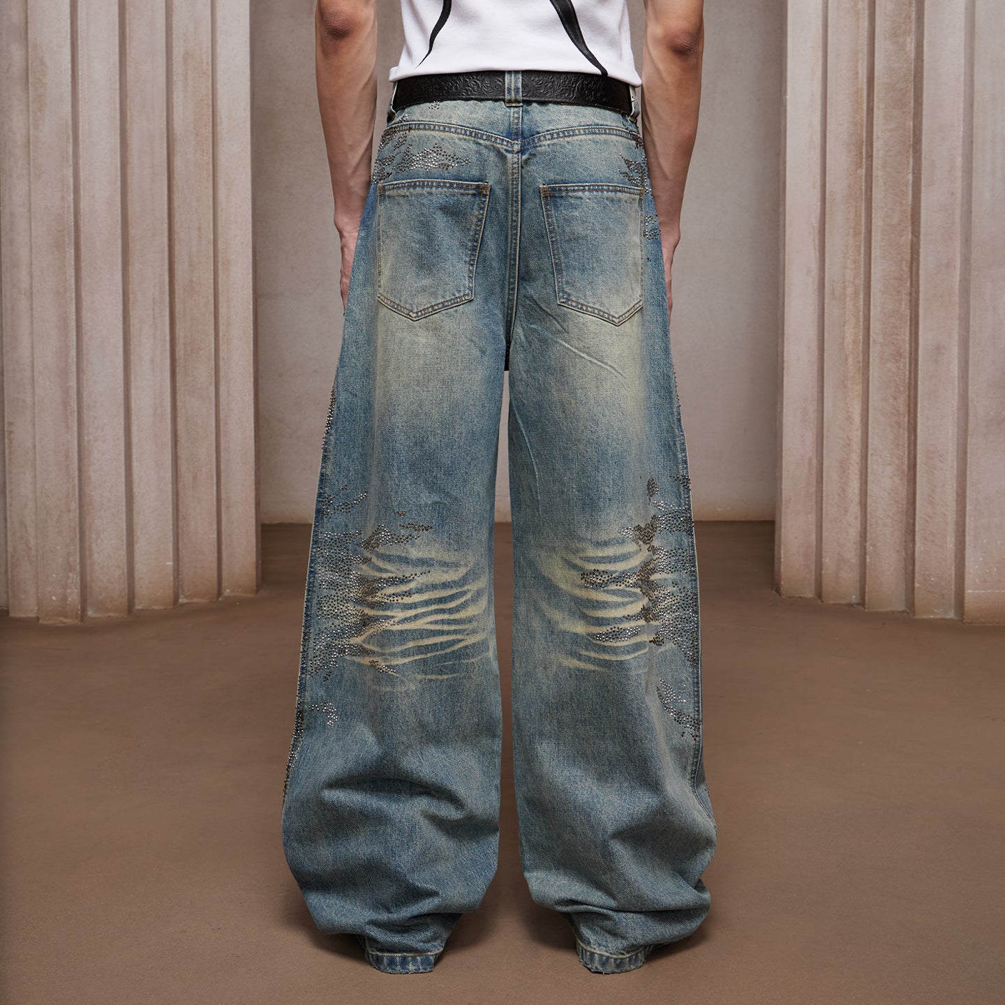 28K Crystal-Studded Dual-Wash A-Line Denim(mud)