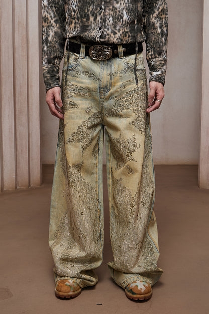 28K Crystal-Studded Dual-Wash A-Line Denim(mud)