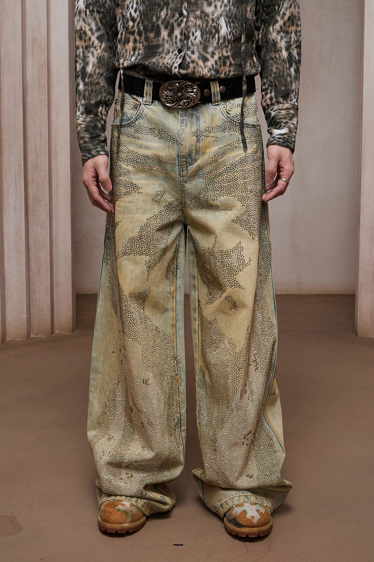 28K Crystal-Studded Dual-Wash A-Line Denim(mud)