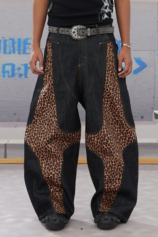 Cross-Paneled Genuine Haircalf Leopard Leather Curved Baggy Jeans