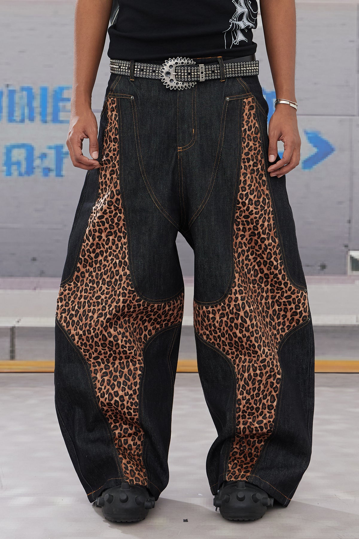 Cross-Paneled Genuine Haircalf Leopard Leather Curved Baggy Jeans