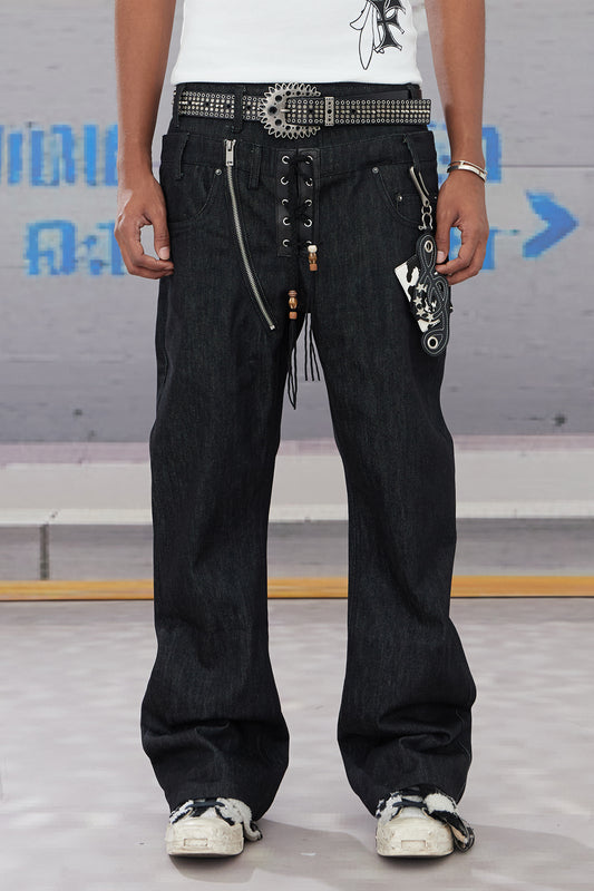 Slanted Zipper Lace-Up Double-Waistband Raw Denim Jeans