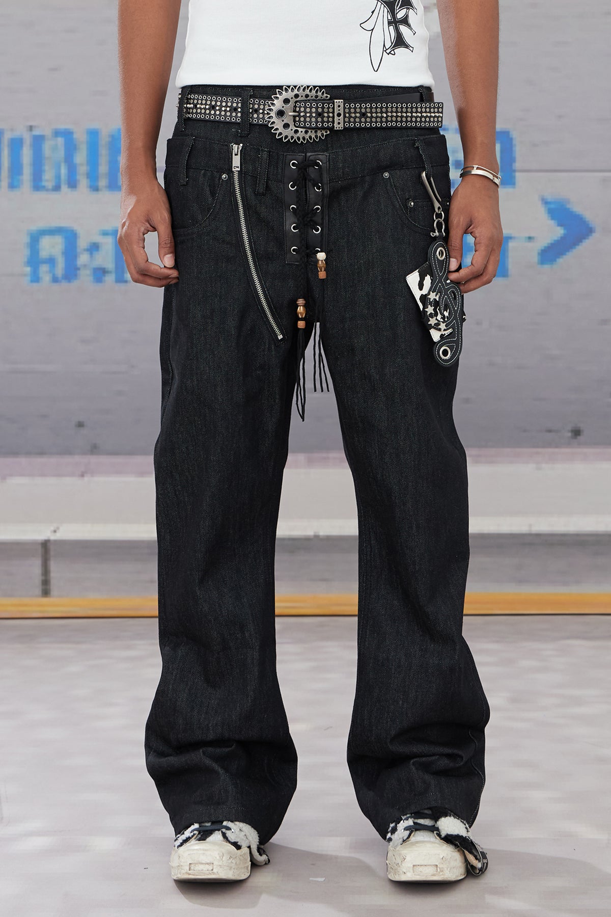 Slanted Zipper Lace-Up Double-Waistband Raw Denim Jeans