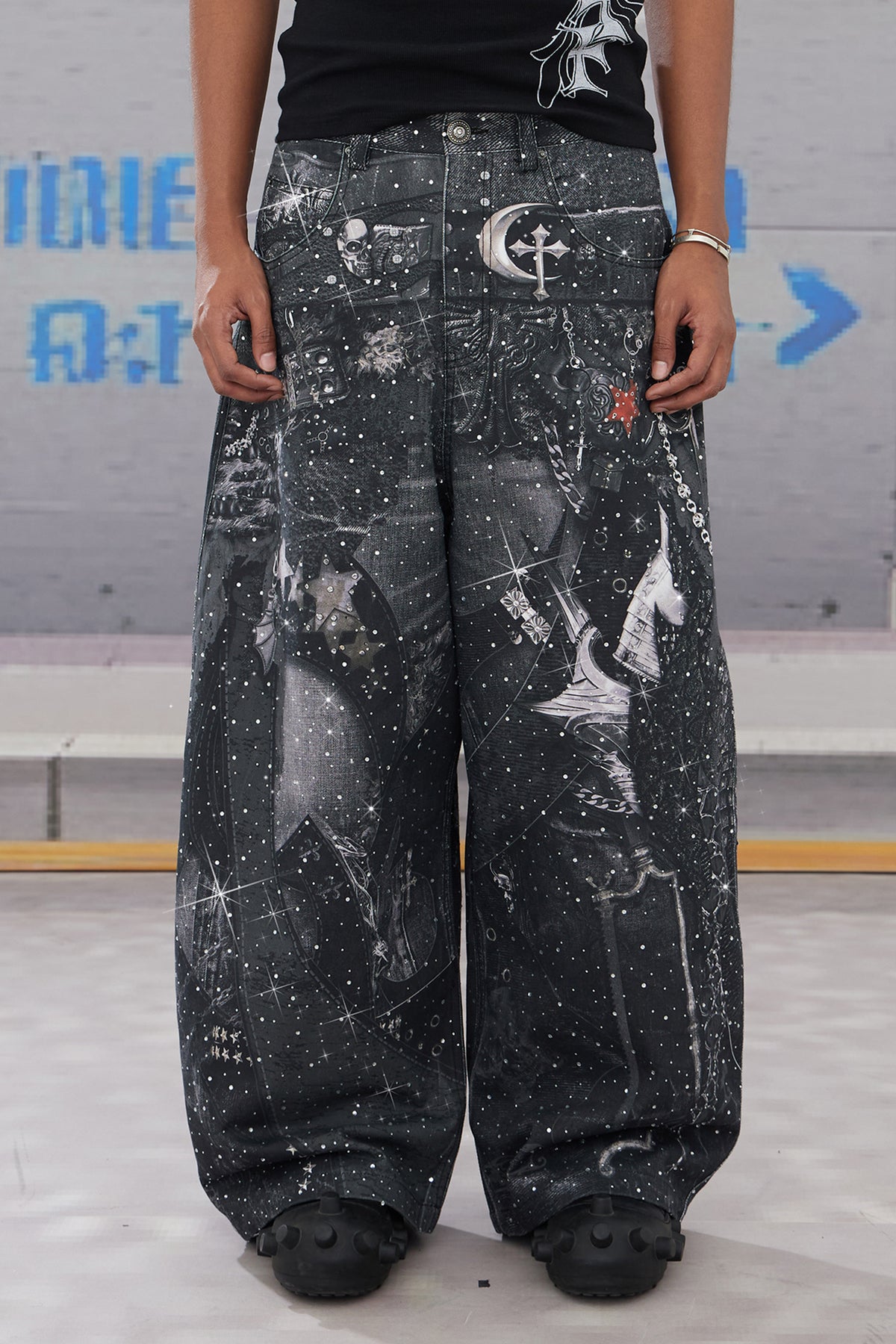 Rhinestone-Studded Armour Print Baggy Pants