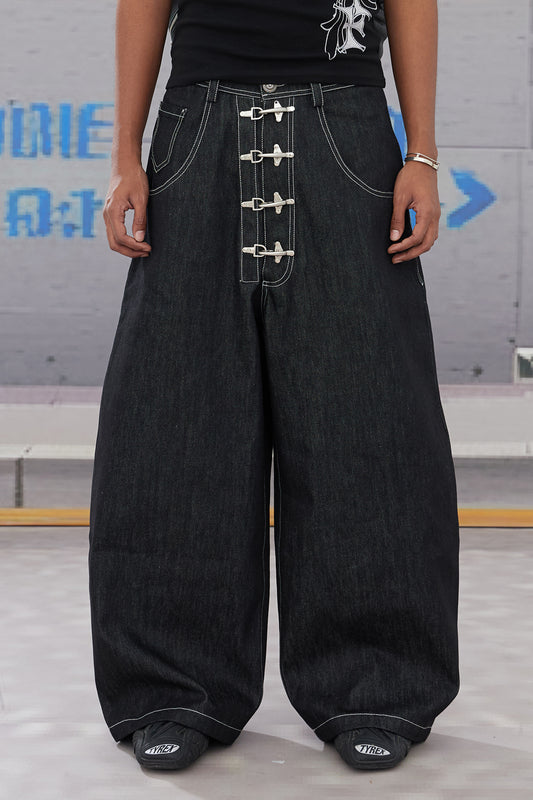 Firefighter Buckle A-Line Baggy Raw Denim Jeans