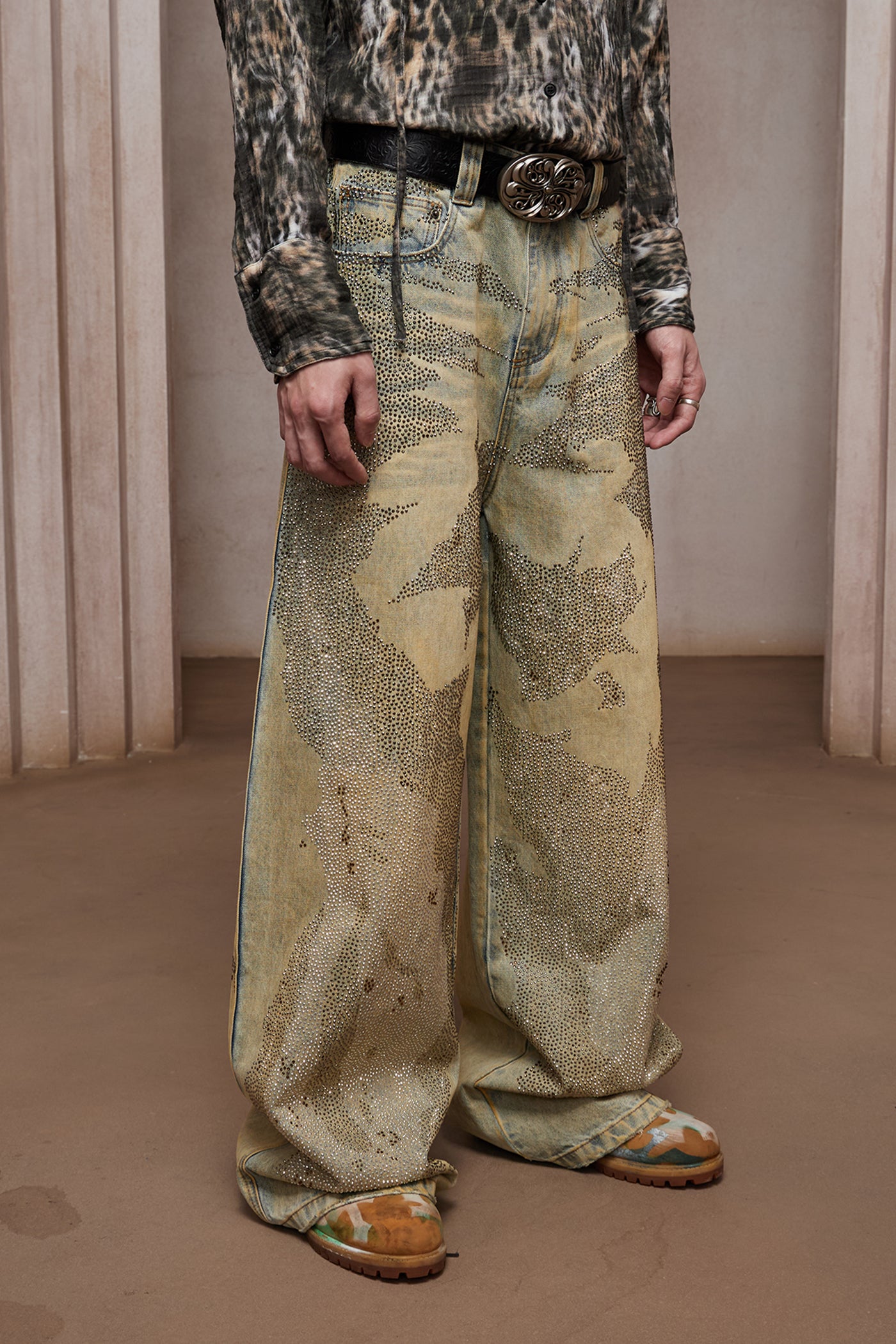 28K Crystal-Studded Dual-Wash A-Line Denim(mud)