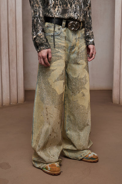 28K Crystal-Studded Dual-Wash A-Line Denim(mud)