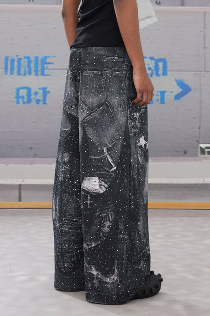 Rhinestone-Studded Armour Print Baggy Pants