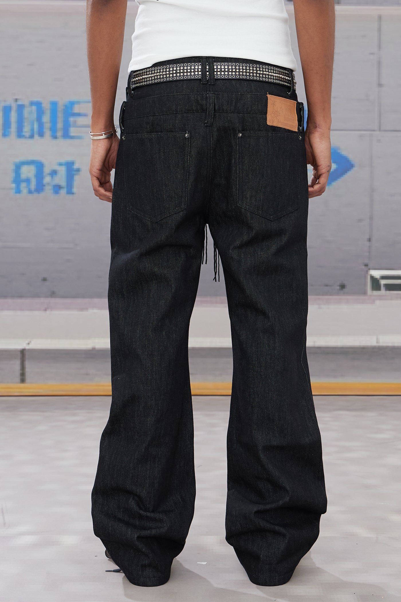 Slanted Zipper Lace-Up Double-Waistband Raw Denim Jeans