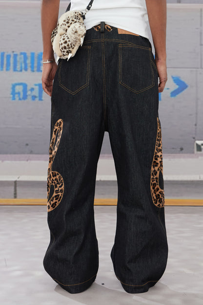 Genuine Haircalf Leopard Leather Note Embroidery Baggy Raw Denim Jeans