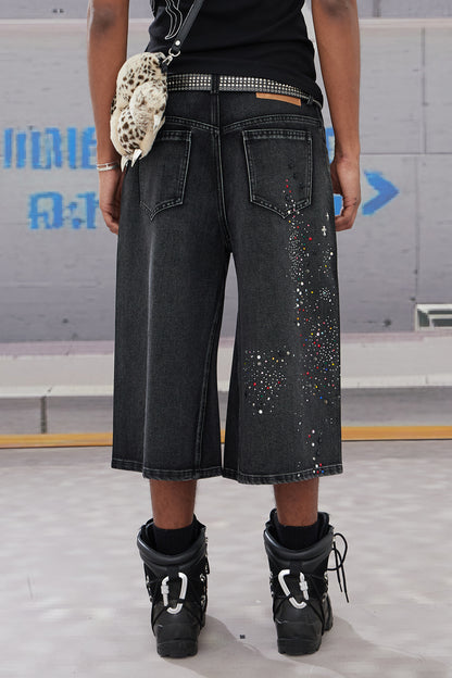 Rhinestone-Embellished Washed 3/4 Pants