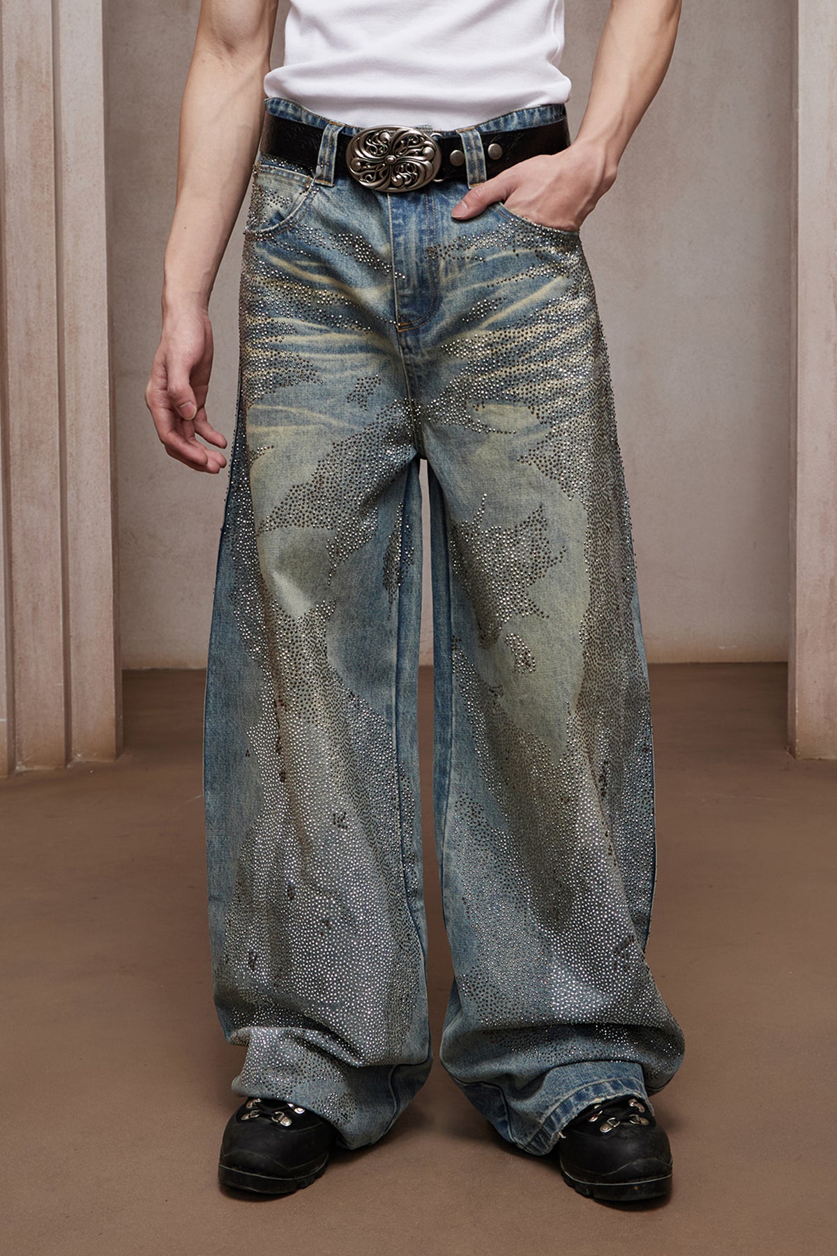 28K Crystal-Studded Dual-Wash A-Line Denim (blue)