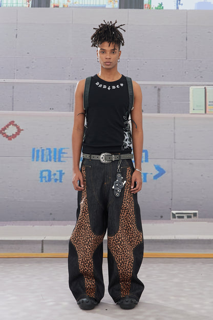 Cross-Paneled Genuine Haircalf Leopard Leather Curved Baggy Jeans