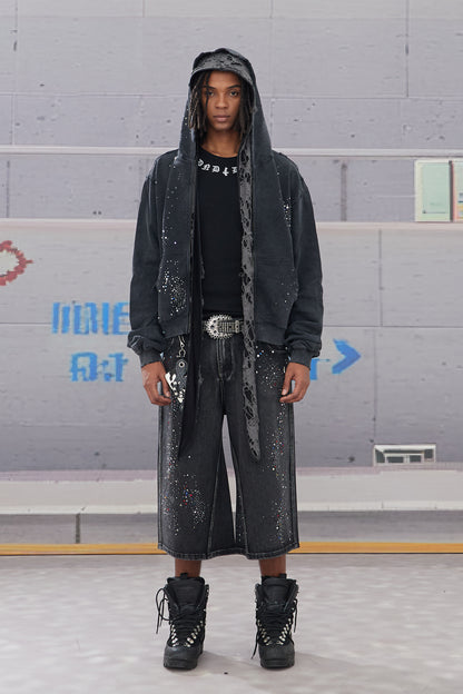 Rhinestone-Embellished Washed 3/4 Pants