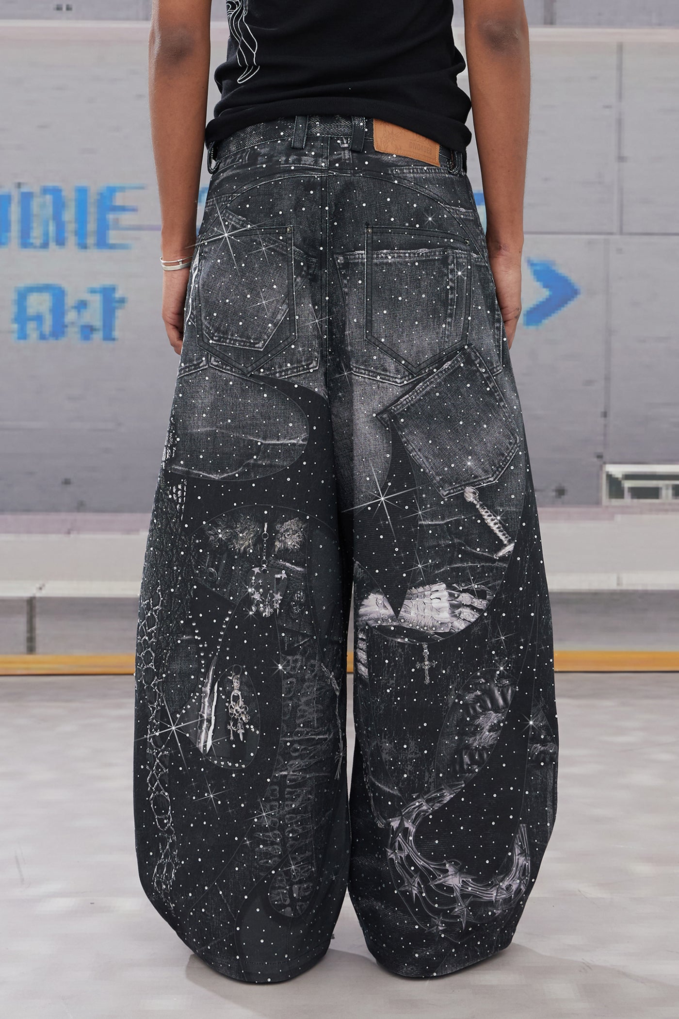 Rhinestone-Studded Armour Print Baggy Pants