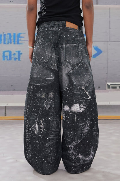 Rhinestone-Studded Armour Print Baggy Pants
