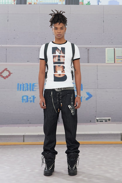 Slanted Zipper Lace-Up Double-Waistband Raw Denim Jeans