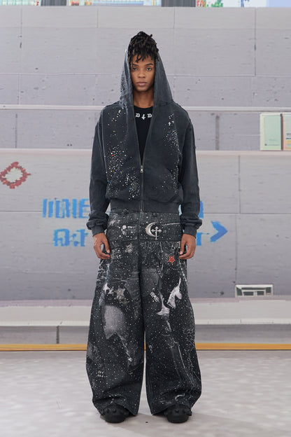 Rhinestone-Studded Armour Print Baggy Pants