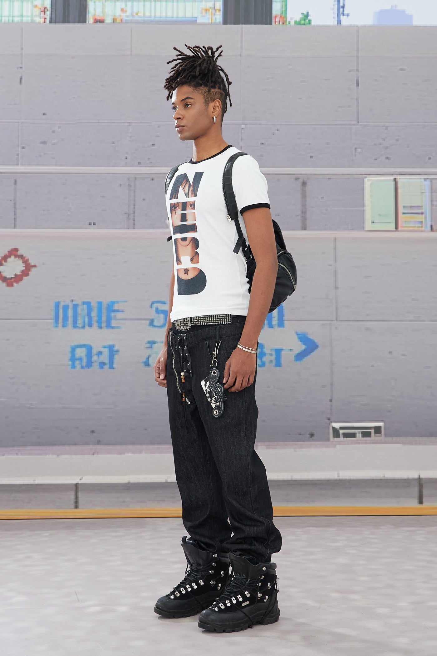 Slanted Zipper Lace-Up Double-Waistband Raw Denim Jeans