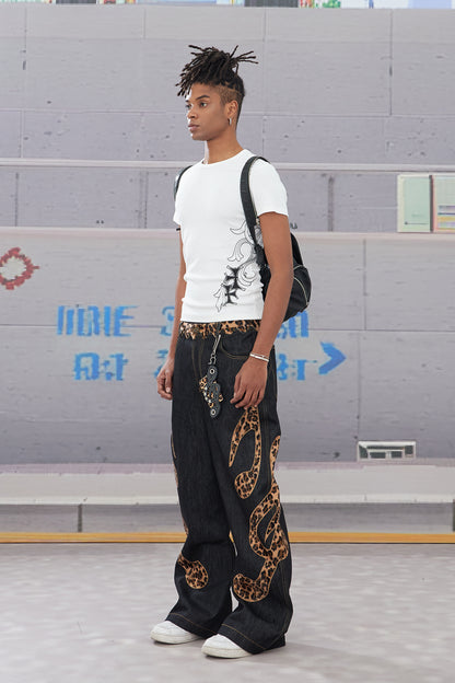 Genuine Haircalf Leopard Leather Note Embroidery Baggy Raw Denim Jeans