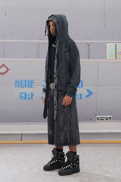 Rhinestone-Embellished Washed 3/4 Pants