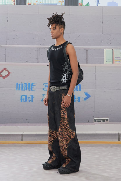 Cross-Paneled Genuine Haircalf Leopard Leather Curved Baggy Jeans