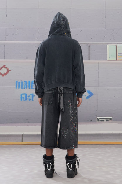 Rhinestone-Embellished Washed 3/4 Pants