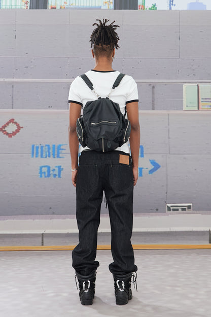 Slanted Zipper Lace-Up Double-Waistband Raw Denim Jeans