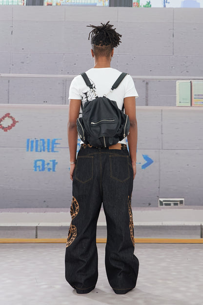Genuine Haircalf Leopard Leather Note Embroidery Baggy Raw Denim Jeans