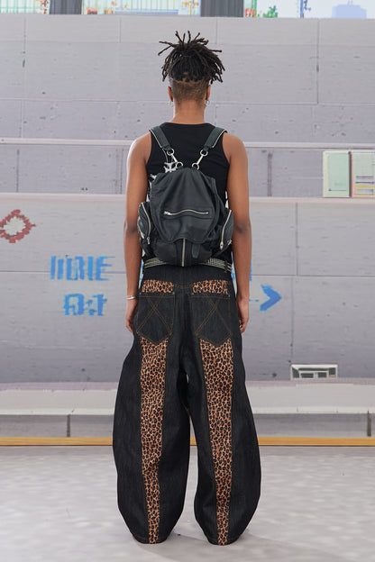 Cross-Paneled Genuine Haircalf Leopard Leather Curved Baggy Jeans
