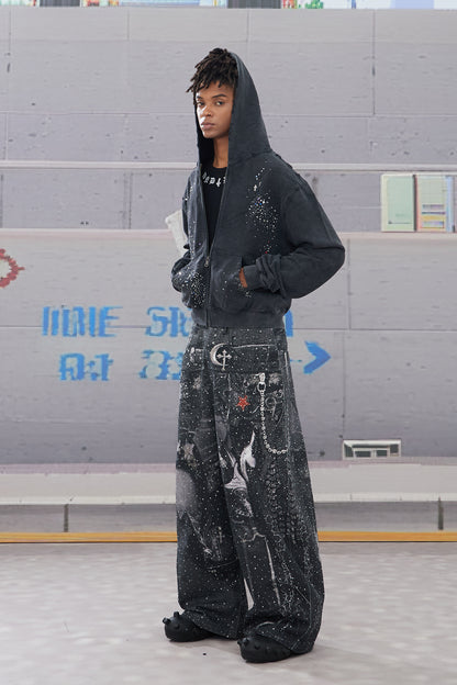 Rhinestone-Studded Armour Print Baggy Pants