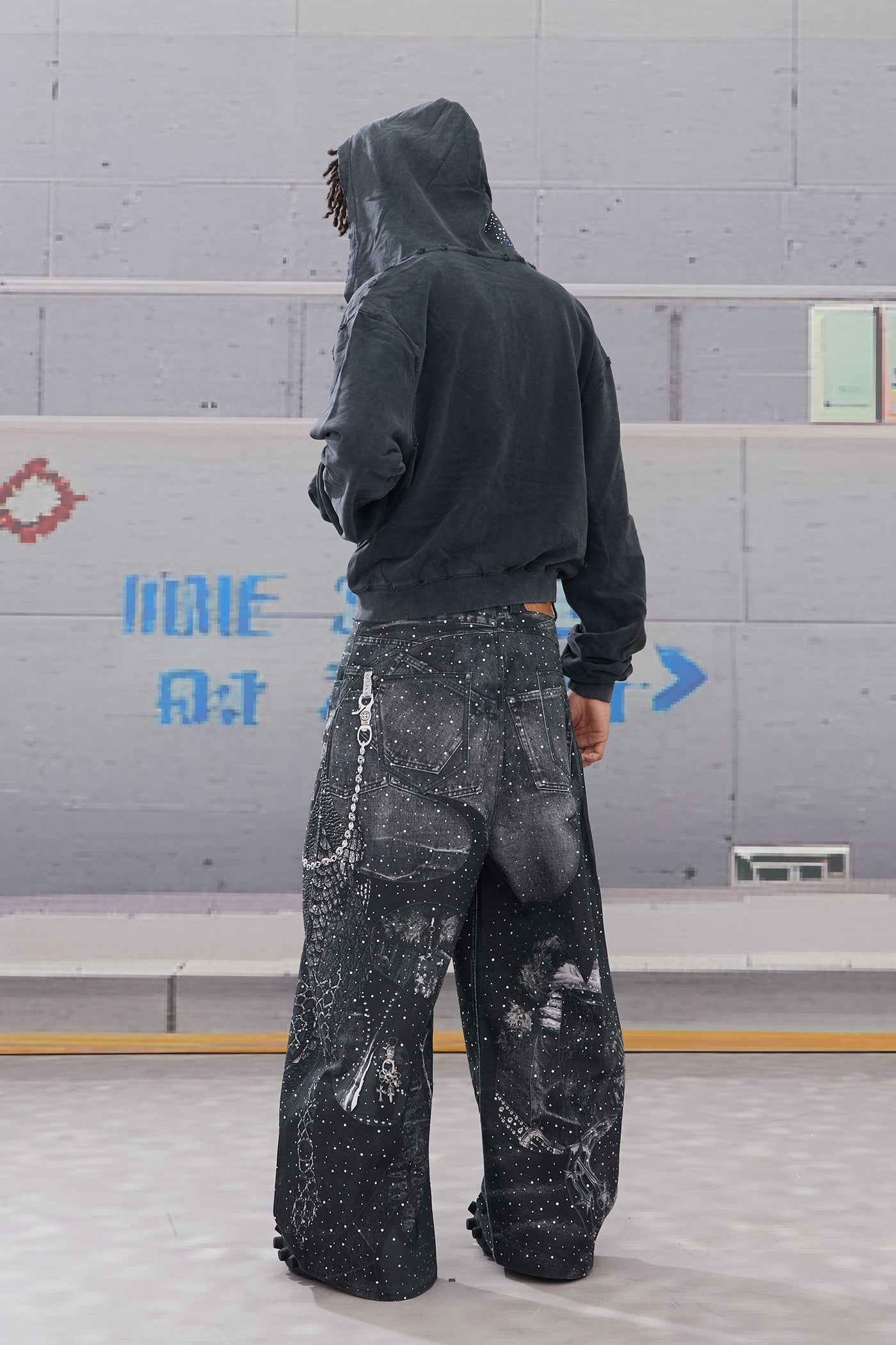 Rhinestone-Studded Armour Print Baggy Pants