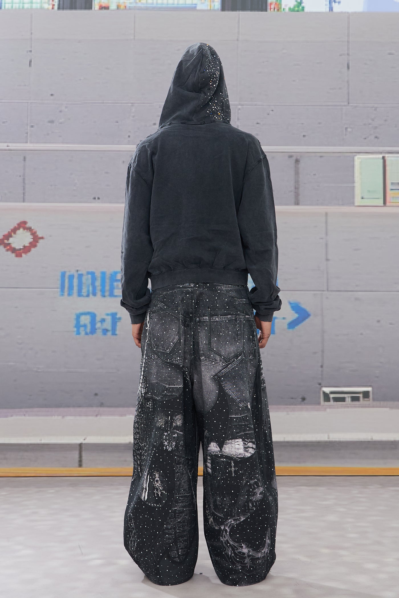 Rhinestone-Studded Armour Print Baggy Pants