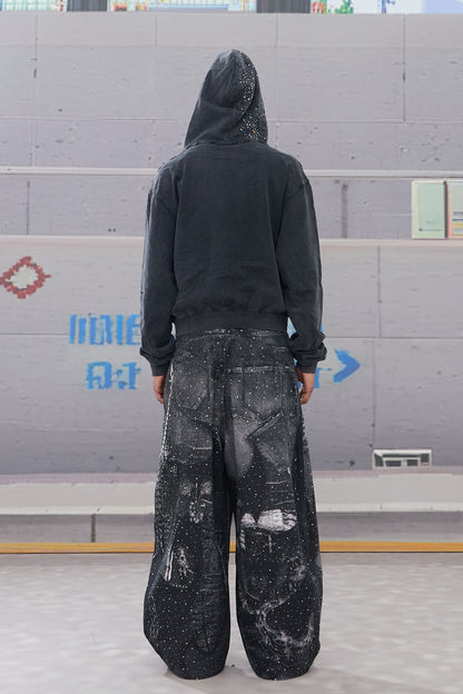 Rhinestone-Studded Armour Print Baggy Pants