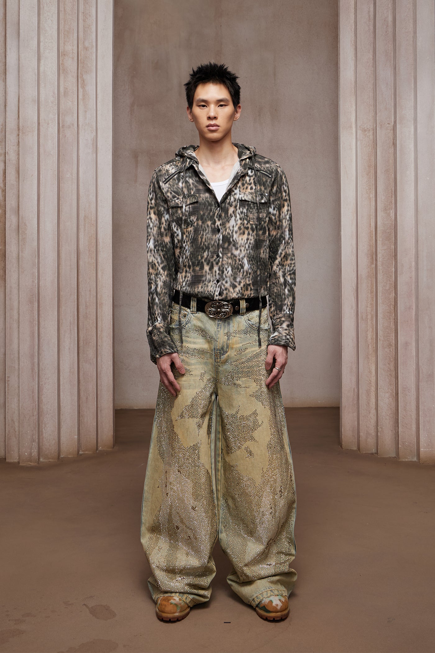 28K Crystal-Studded Dual-Wash A-Line Denim(mud)