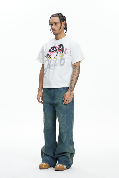 Laser Burning Ocean Straight Leg Jeans
