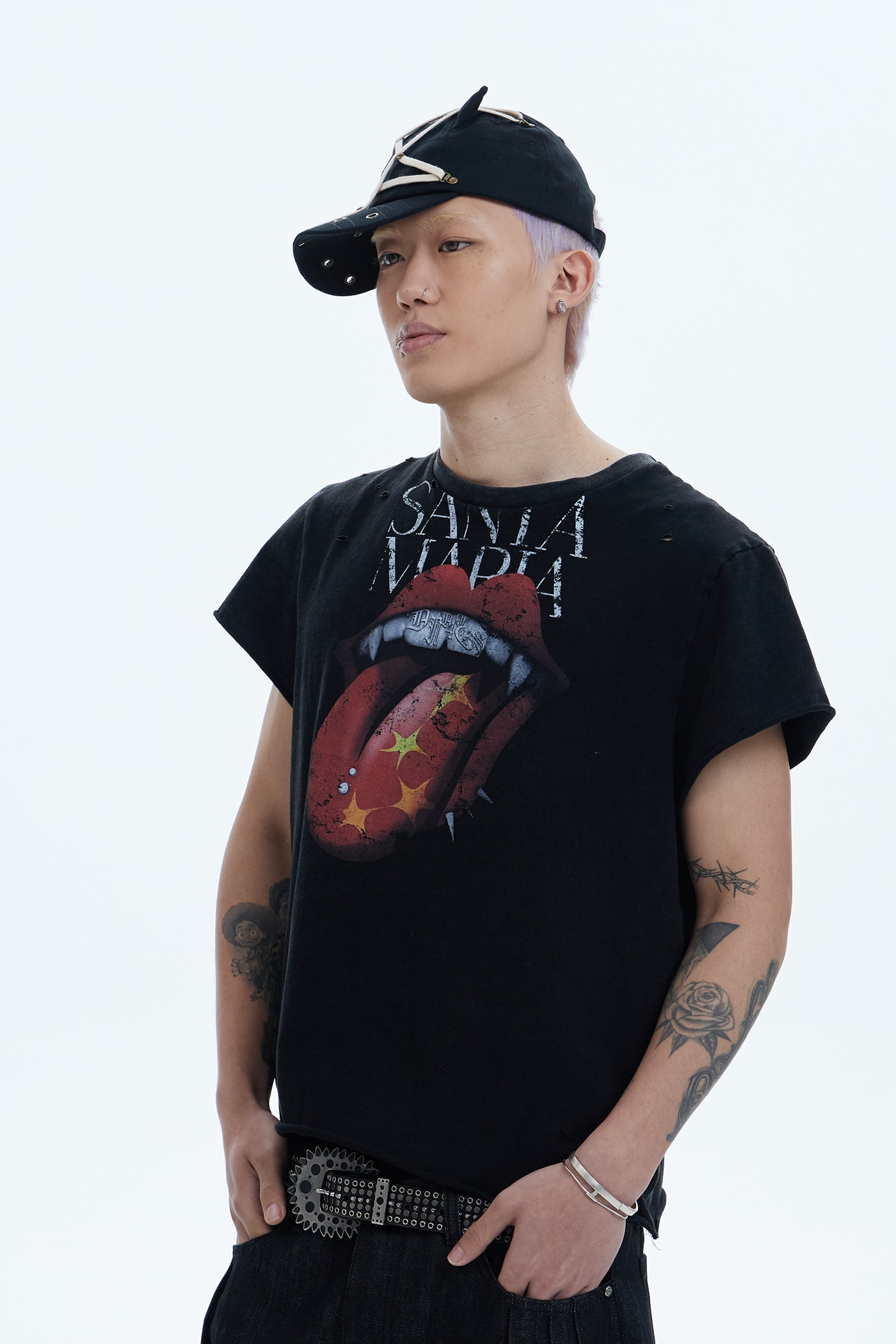 Punk Grailz Rolling Tongue Graphic Distressed Cut-Off Tee