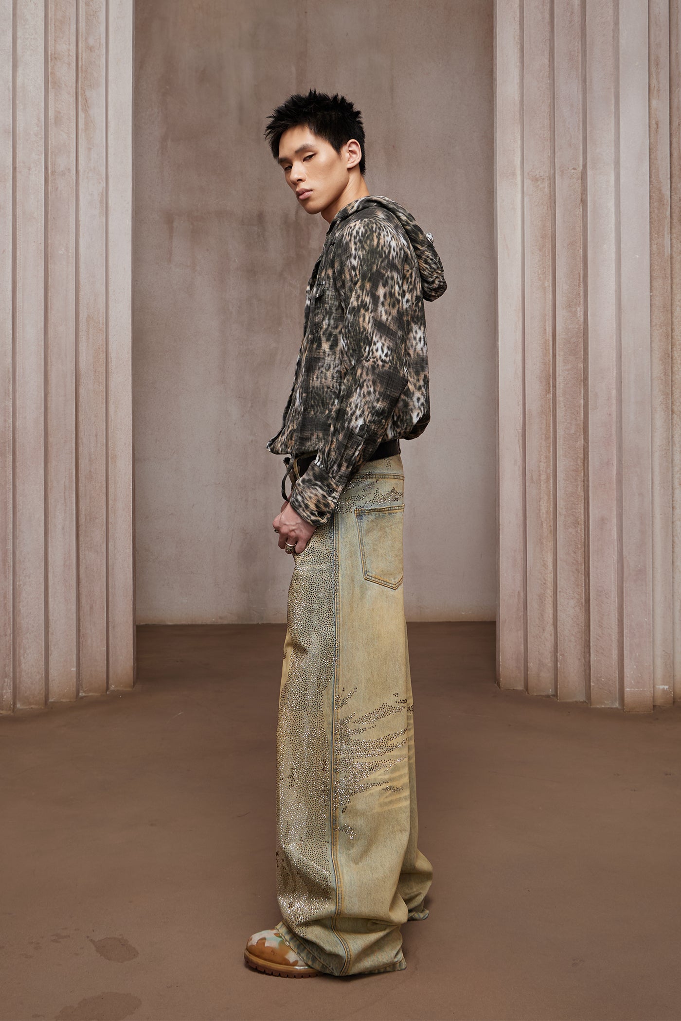 28K Crystal-Studded Dual-Wash A-Line Denim(mud)