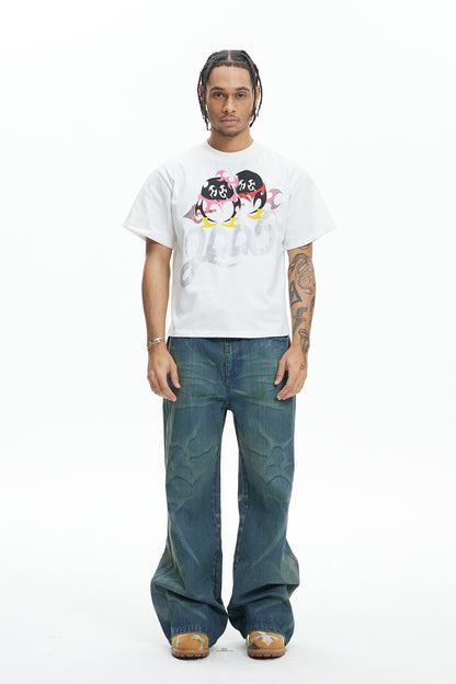 Laser Burning Ocean Straight Leg Jeans